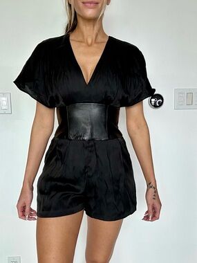 bebe Black Satin Short Romper with Faux Leather Waist Corset